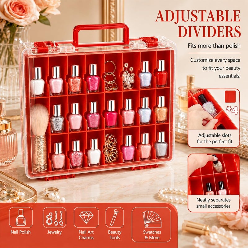 ALCYON Clear Nail Polish Organizer Case, 48-Compartment Double-Sided Nail Polish Storage Box with Adjustable Dividers, Portable Plastic Holder for Gel Polish Bottles, Nail Art Supplies, Jewelry (Red) - Image 3
