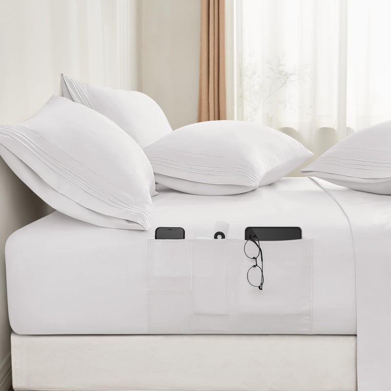BYSURE 6 قطع صفائح سرير مع جيوب على الجانب (كوين بيضاء) ملاءمة تتنفس العرق مقاس 16 بوصة Super Super Hotel Set - Image 1
