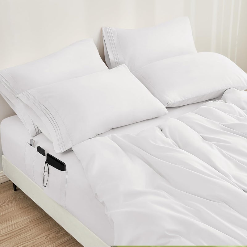 BYSURE 6 قطع صفائح سرير مع جيوب على الجانب (كوين بيضاء) ملاءمة تتنفس العرق مقاس 16 بوصة Super Super Hotel Set - Image 2
