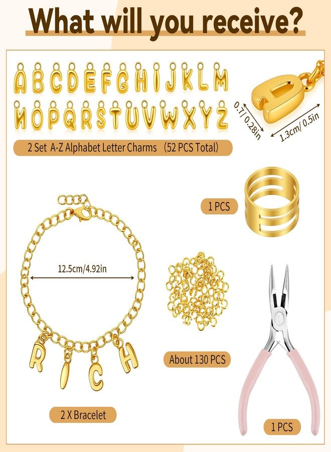 SelfTek 52Pcs 18K Gold Filled A-Z Alphabet Letters Charms for Jewelry Making, Gold Letter Charm Pendant Beads,3D Bubble Glitter Letters Charms DIY Bracelets & Necklaces with 130Pcs Jump Rings for Jewelry Making & 2 Bracelets - Image 4