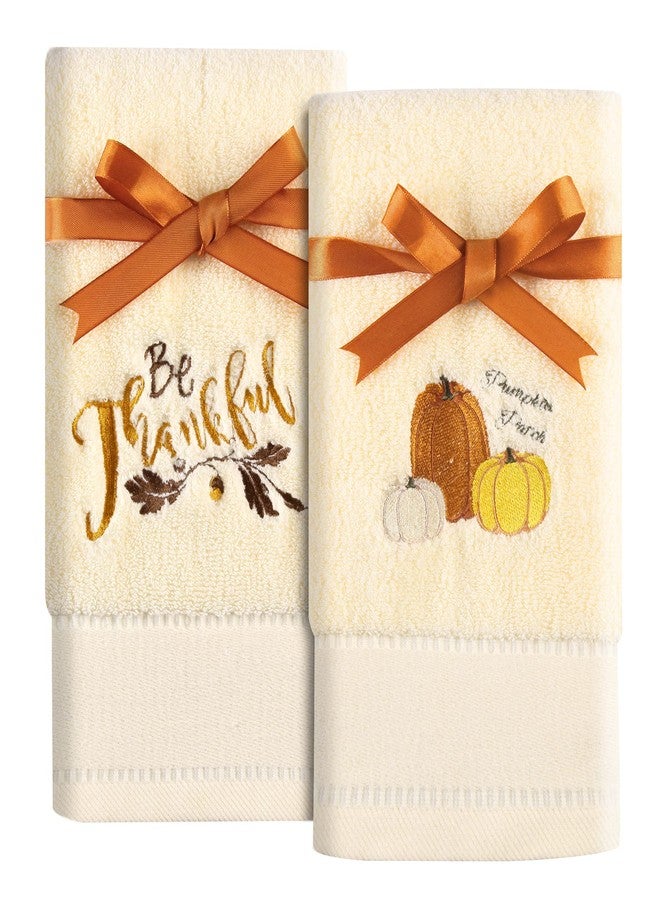 Quera 2 Pack Pumpkin Thanksgiving Hand Towels Embroidered Premium Luxury Decor Fall Bathroom Decorative Dish Set for Drying, Cleaning, Cooking, Autumn 13.7'' x 29.5'',White,Be Thankful. - Image 1
