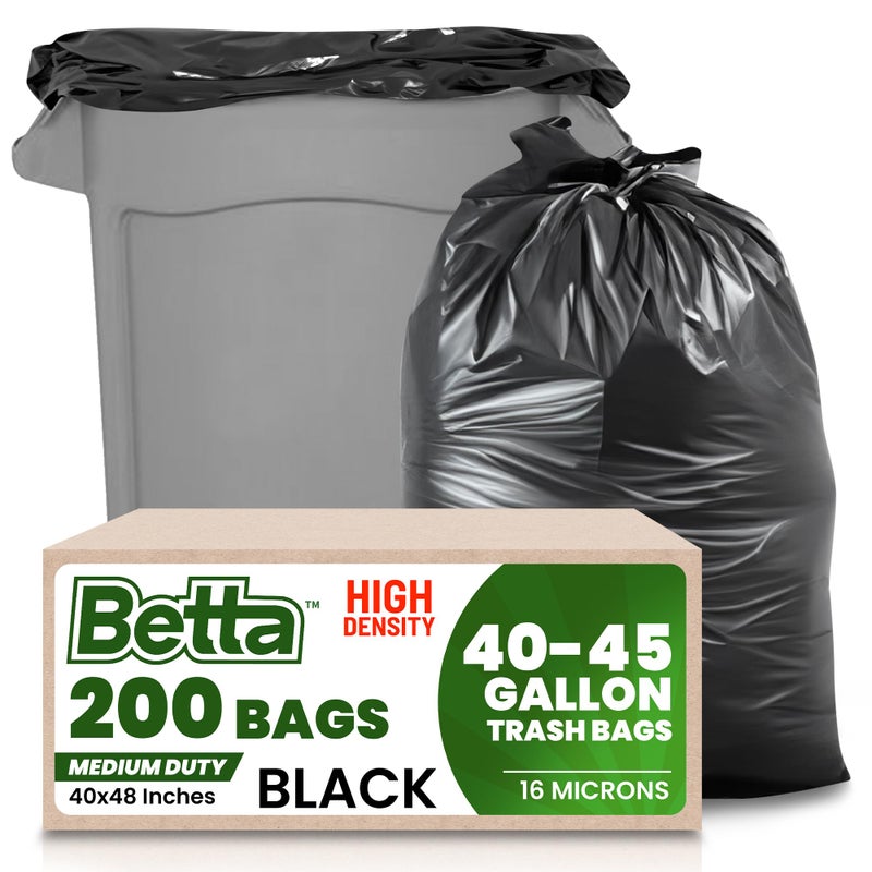 Betta 40-45 Gallon Black High-Density Trash Bags, 200 Count Box, (40x48-inch) Commercial Medium-Duty Garbage Can Liners - Image 1