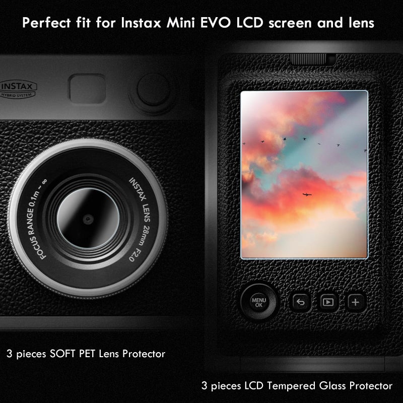 Rieibi [3+3Pack] Screen Protector for Fujifilm Instax Mini EVO Instant Camera LCD + Lens PET Flim, 0.25mm 9H Hardness Tempered Glass Film for Fuji instax mini Evo - Image 2