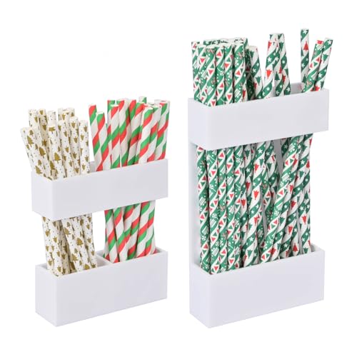 BERBAM 2 PACK Small Acrylic Straw Holder for Cabinet Doors，Straw Organizer Storage with Most Sizes，Multi-Function Kitchen Accessories Container with Adhesive Round Pads(whtie) - Image 1
