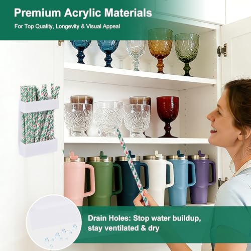 BERBAM 2 PACK Small Acrylic Straw Holder for Cabinet Doors，Straw Organizer Storage with Most Sizes，Multi-Function Kitchen Accessories Container with Adhesive Round Pads(whtie) - Image 3