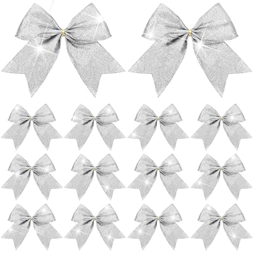 Cindeer 24 Pcs Silver Christmas Bow Decorations 6 x 6 Inches Glitter Holiday Ornaments Sequin Ties Bows for Xmas Tree Wreath DIY Crafts Gift Wrapping Party Decor - Image 1