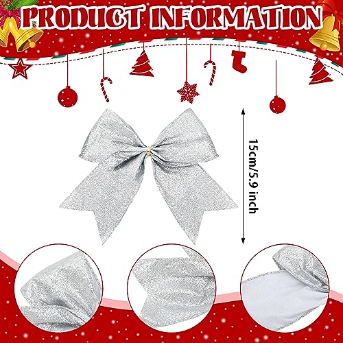 Cindeer 24 Pcs Silver Christmas Bow Decorations 6 x 6 Inches Glitter Holiday Ornaments Sequin Ties Bows for Xmas Tree Wreath DIY Crafts Gift Wrapping Party Decor - Image 3