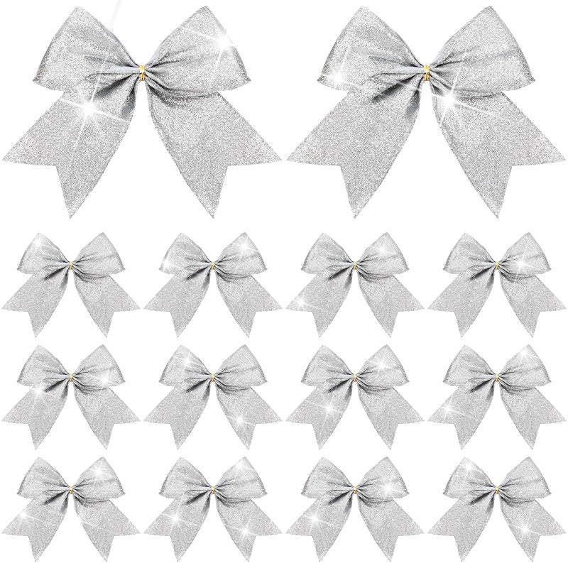 Cindeer 24 Pcs Silver Christmas Bow Decorations 6 x 6 Inches Glitter Holiday Ornaments Sequin Ties Bows for Xmas Tree Wreath DIY Crafts Gift Wrapping Party Decor - Image 2