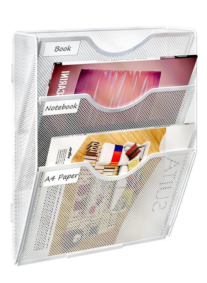 PAG Hanging Wall File Holder, 3 Tier Mail Sorter for Wall, Mesh Office Wall Organizer For Papers/Folders/Files Clipboard & Magazine, White - Image 1
