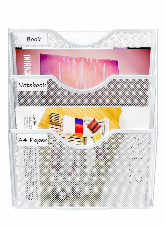 PAG Hanging Wall File Holder, 3 Tier Mail Sorter for Wall, Mesh Office Wall Organizer For Papers/Folders/Files Clipboard & Magazine, White - Image 2