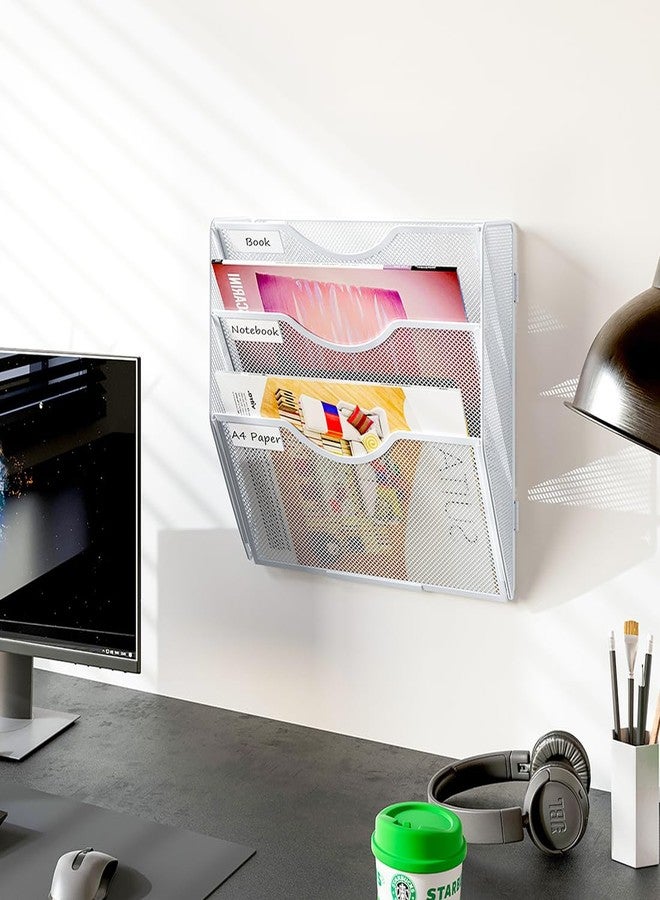 PAG Hanging Wall File Holder, 3 Tier Mail Sorter for Wall, Mesh Office Wall Organizer For Papers/Folders/Files Clipboard & Magazine, White - Image 5