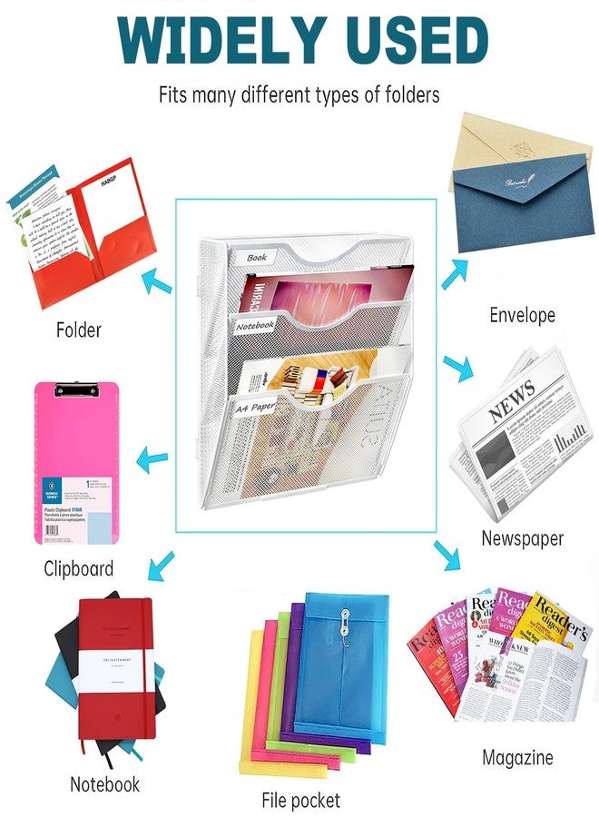 PAG Hanging Wall File Holder, 3 Tier Mail Sorter for Wall, Mesh Office Wall Organizer For Papers/Folders/Files Clipboard & Magazine, White - Image 3
