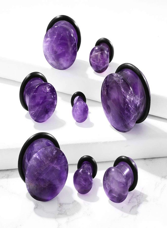 Pierced Owl Natural Amethyst Semi-Precious Stone Domed Single Flare Plugs with Black O Ring, Sold as a Pair (8mm (0GA)) - Image 3
