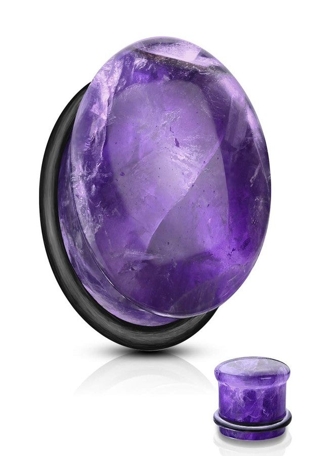 Pierced Owl Natural Amethyst Semi-Precious Stone Domed Single Flare Plugs with Black O Ring, Sold as a Pair (8mm (0GA)) - Image 1
