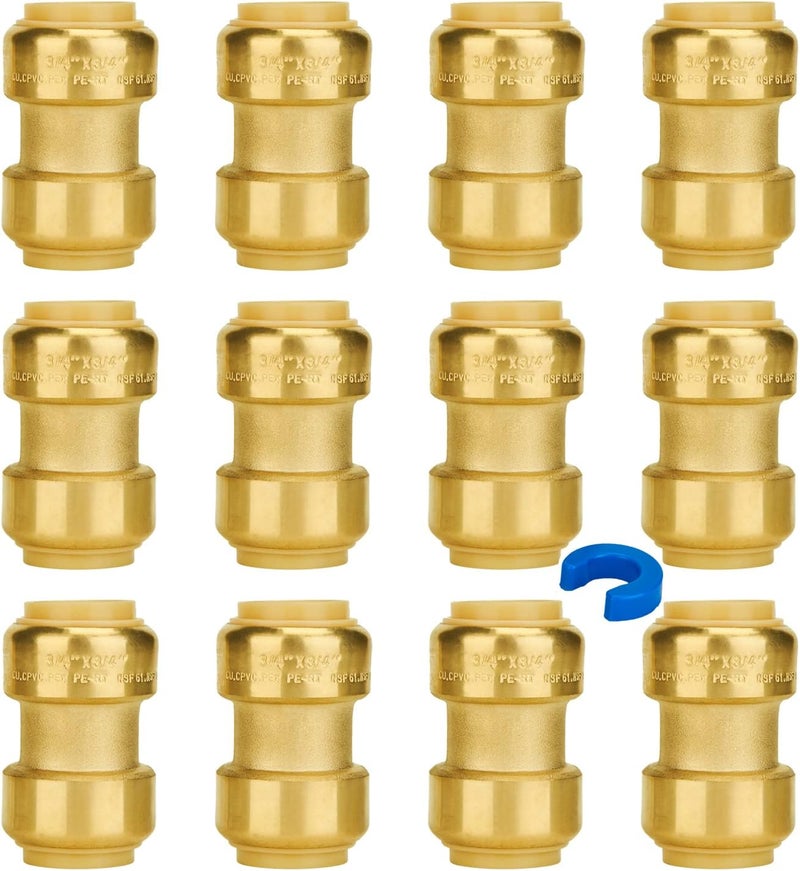 SUNGATOR 3/4 Inch Coupling, Push Pex Fittings 3/4 Inch, No Lead Brass Push-to-Connect Plumbing Fittings for Pex Pipe, Copper, CPVC, with 1 Disconnect Clip, Pack of 12 - Image 1