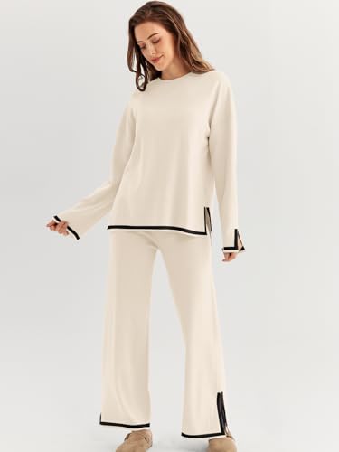 LILLUSORY طقم ليلوسوري النسائي لخريف 2 قطعة ملابس مريحة بدلة رياضية بلوزة بأكمام طويلة وسروال واسع 2025 مشمش L - Image 3