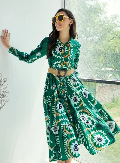 SASSAFRAS Green Floral Front-Button Midi Dress