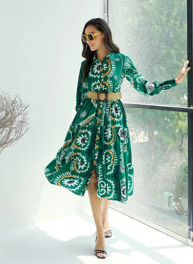ساسافراس فستان ميدي أخضر بطباعة زهور وأزرار أمامية