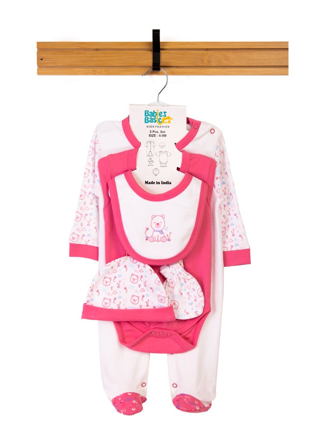 Babies Basic 5 Piece Unisex 100% Cotton Gift Set Include Bib, Romper, Mittens, Cap And Sleepsuit/Jumpsuit- Teddy  - Image 1