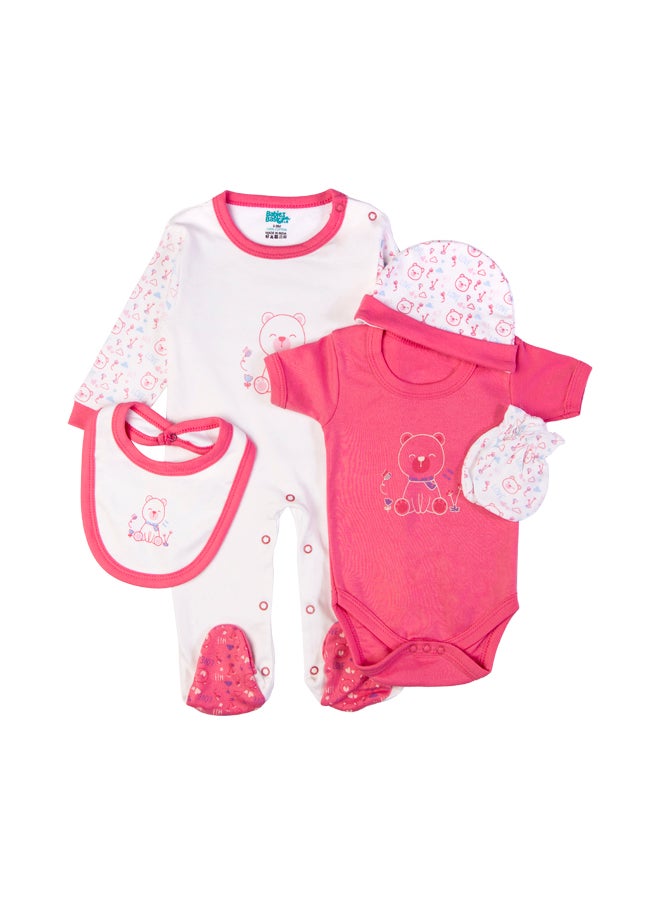 Babies Basic 5 Piece Unisex 100% Cotton Gift Set Include Bib, Romper, Mittens, Cap And Sleepsuit/Jumpsuit- Teddy  - Image 2