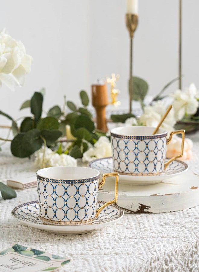 CwlwGO-European style cup and saucer set, 7 oz (about 198.4 grams) bone china exquisite glazed platinum tea cup and saucer (two sets), golden spoon, mug, cappuccino, latte, MOCHA, elegant female suit. - Image 4