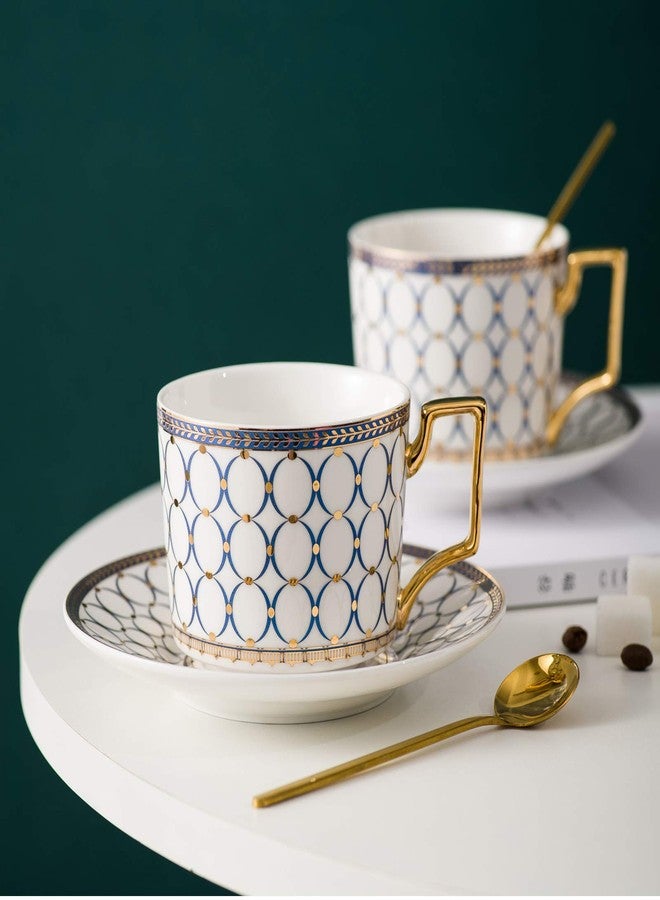 CwlwGO-European style cup and saucer set, 7 oz (about 198.4 grams) bone china exquisite glazed platinum tea cup and saucer (two sets), golden spoon, mug, cappuccino, latte, MOCHA, elegant female suit. - Image 1