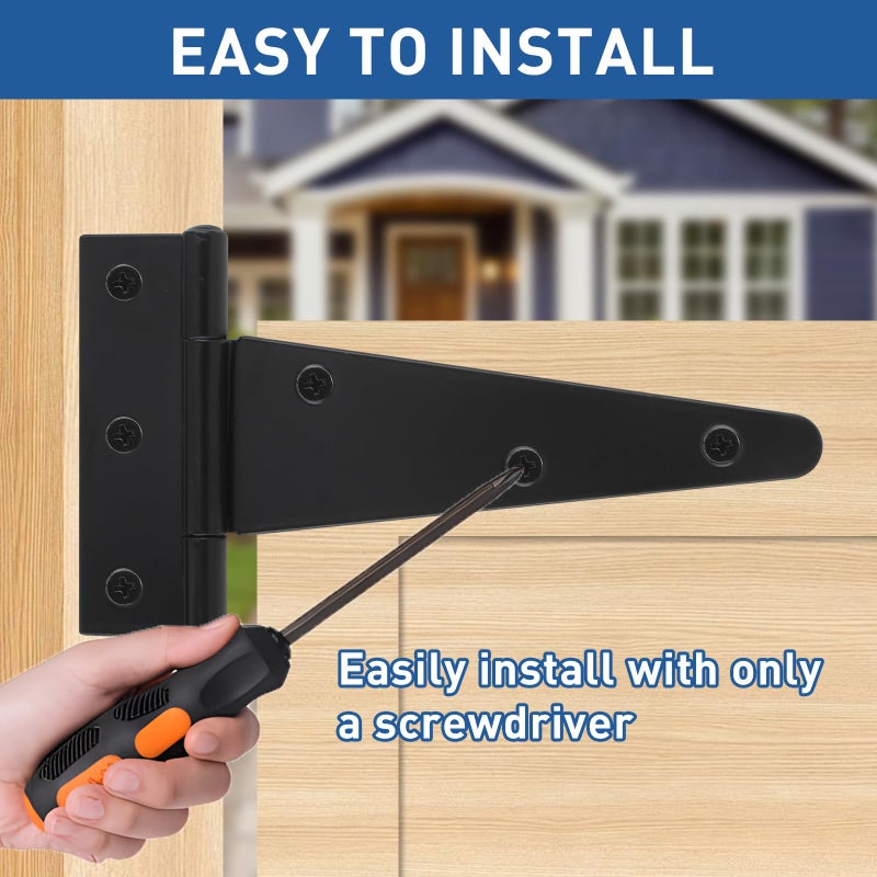 TamBee Barn Door Hinges Heavy Duty T Strap Shed Door Hinges - Black, Iron, Rustproof for Wood Shed Door, Barn Door, Cabinet Door and Fences Yard Door 5 Inch (2 Pcs) - Image 5
