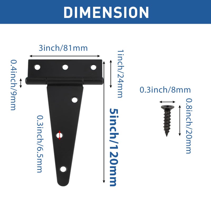 TamBee Barn Door Hinges Heavy Duty T Strap Shed Door Hinges - Black, Iron, Rustproof for Wood Shed Door, Barn Door, Cabinet Door and Fences Yard Door 5 Inch (2 Pcs) - Image 2