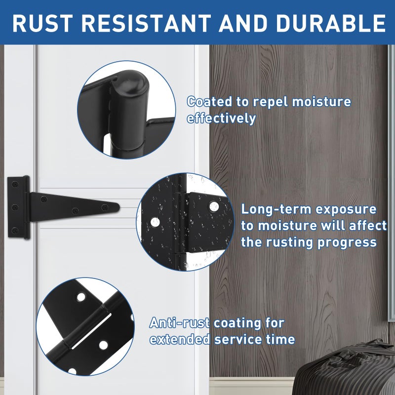 TamBee Barn Door Hinges Heavy Duty T Strap Shed Door Hinges - Black, Iron, Rustproof for Wood Shed Door, Barn Door, Cabinet Door and Fences Yard Door 5 Inch (2 Pcs) - Image 4