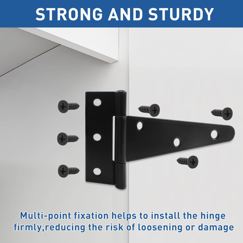 TamBee Barn Door Hinges Heavy Duty T Strap Shed Door Hinges - Black, Iron, Rustproof for Wood Shed Door, Barn Door, Cabinet Door and Fences Yard Door 5 Inch (2 Pcs) - Image 3