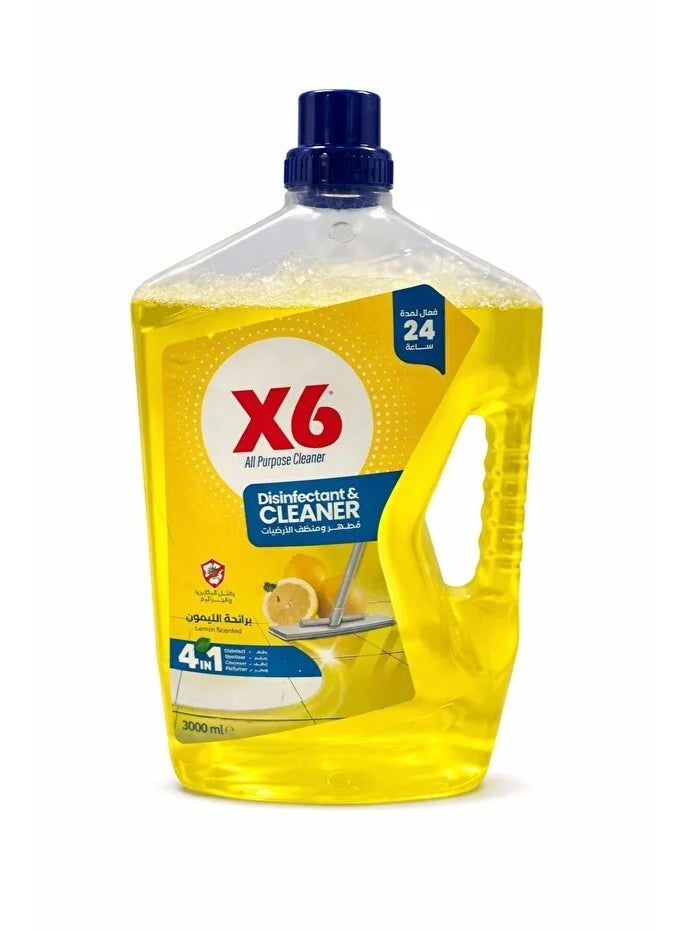 سائل مضاد للبكتيريا 4 في 1 مطهر ومنظف أرضيات برائحة الليمون المنعش X6 - 3 لترات (3000 مل)