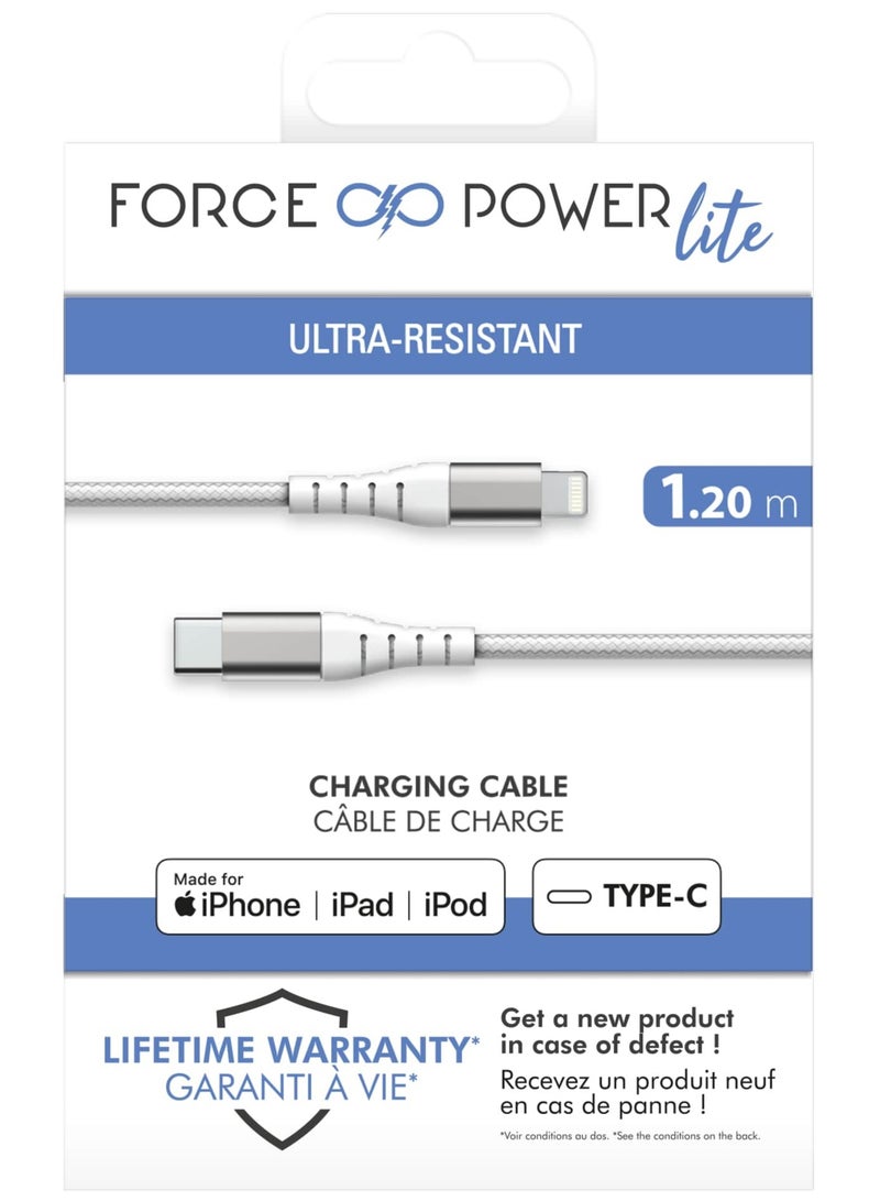 FORCE Force Power Lite USB C to Lightning Reinforced Cable 1.2M Lifetime Warranty White - Image 1