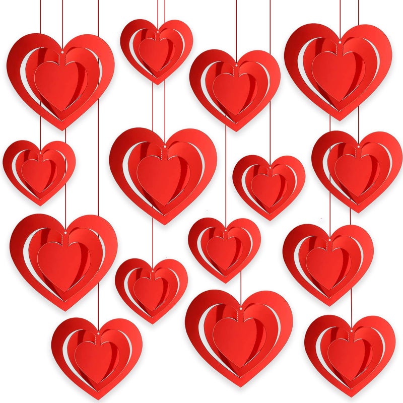 Pedel 15 Pieces Valentines Day Heart Swirl, 3D Red Hollowed Heart Hanging Swirls with Red Ribbon for Galentines Wedding Anniversary Engagement Party Decoration - Image 1