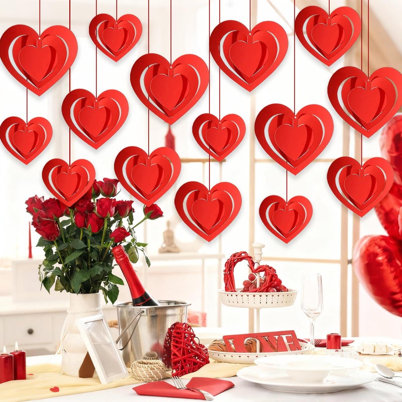 Pedel 15 Pieces Valentines Day Heart Swirl, 3D Red Hollowed Heart Hanging Swirls with Red Ribbon for Galentines Wedding Anniversary Engagement Party Decoration - Image 2