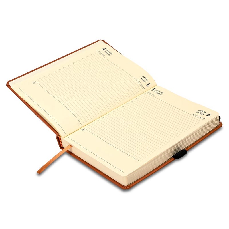 FIS 2026 A5 Diary, 148x210mm, 1 Side Padded Italian PU Cover, Round Corners, Elastic Band with Sliding Tag, Inside Pockets, Arabic/English, 70gsm Italian Ivory Paper, Brown Cover - FSDI84AE26BR - Image 3