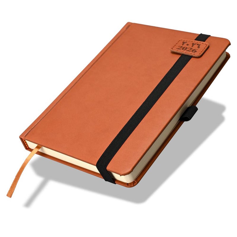 FIS 2026 A5 Diary, 148x210mm, 1 Side Padded Italian PU Cover, Round Corners, Elastic Band with Sliding Tag, Inside Pockets, Arabic/English, 70gsm Italian Ivory Paper, Brown Cover - FSDI84AE26BR - Image 1