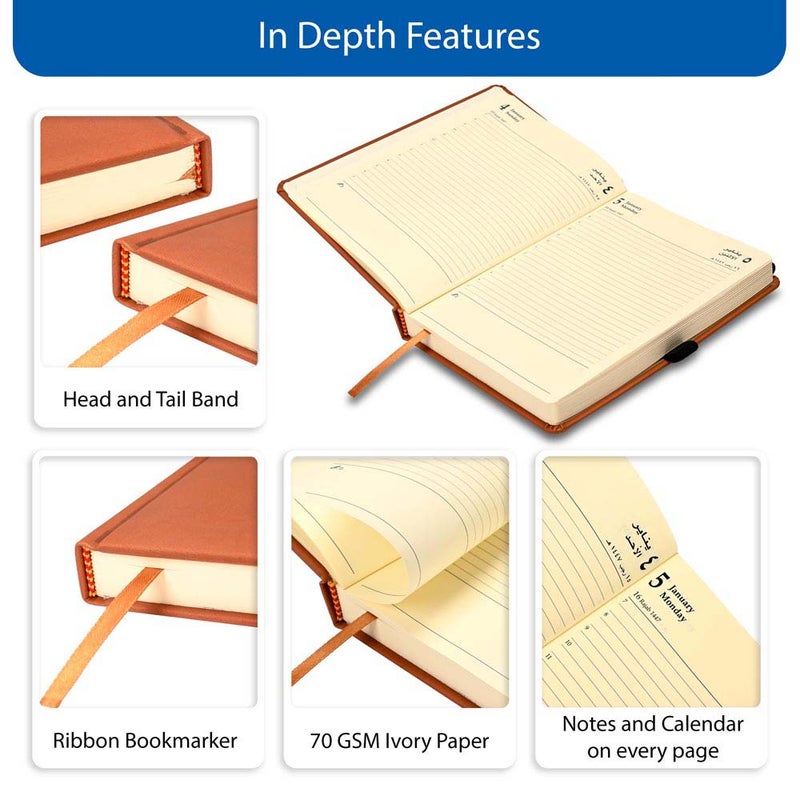 FIS 2026 A5 Diary, 148x210mm, 1 Side Padded Italian PU Cover, Round Corners, Elastic Band with Sliding Tag, Inside Pockets, Arabic/English, 70gsm Italian Ivory Paper, Brown Cover - FSDI84AE26BR - Image 5