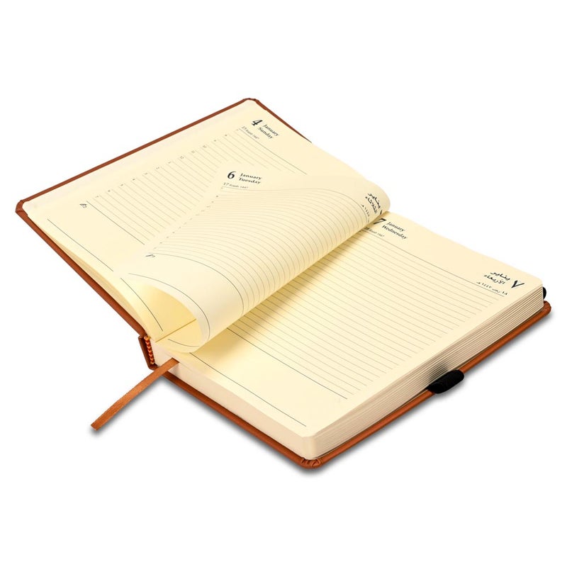 FIS 2026 A5 Diary, 148x210mm, 1 Side Padded Italian PU Cover, Round Corners, Elastic Band with Sliding Tag, Inside Pockets, Arabic/English, 70gsm Italian Ivory Paper, Brown Cover - FSDI84AE26BR - Image 4