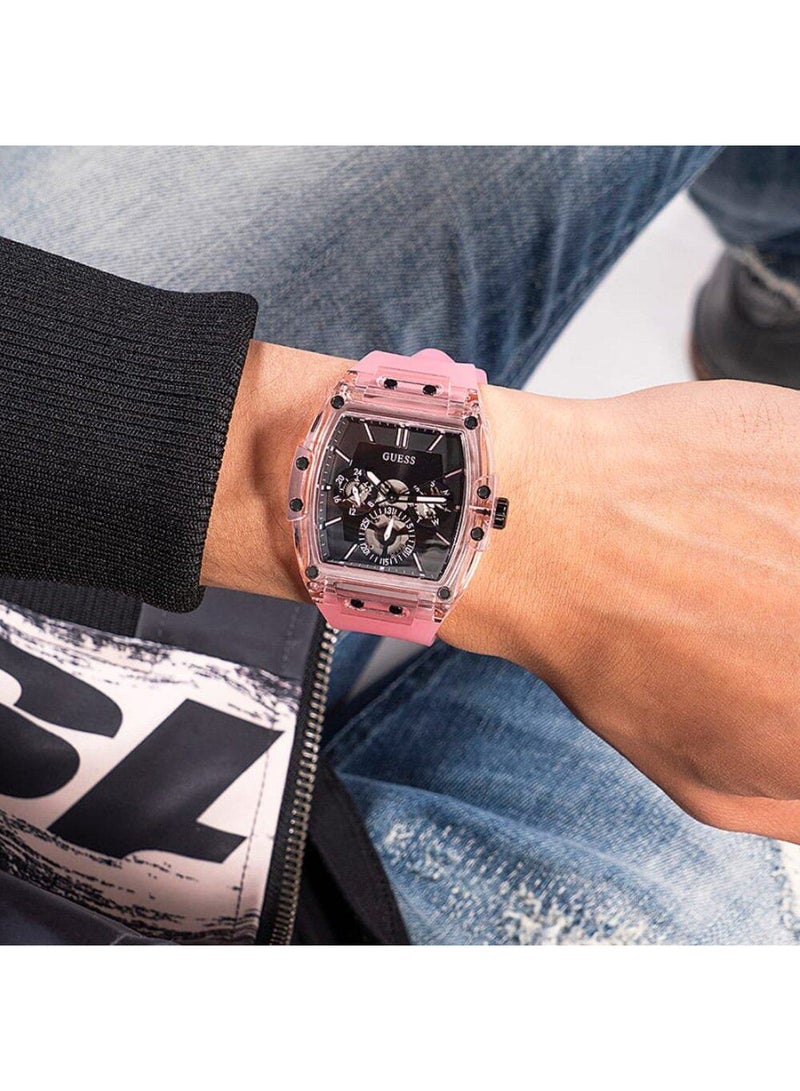 GUESS ساعة جيس للرجال كوارتز وردية اللون بسوار سيليكون ومينا سوداء 43 مم GW0032G1 - Image 4