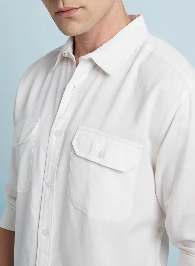 Dennis Lingo Men's Ecru Cotton Blend Solid Regular Fit Shirt