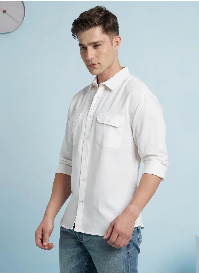 Dennis Lingo Men's Ecru Cotton Blend Solid Regular Fit Shirt