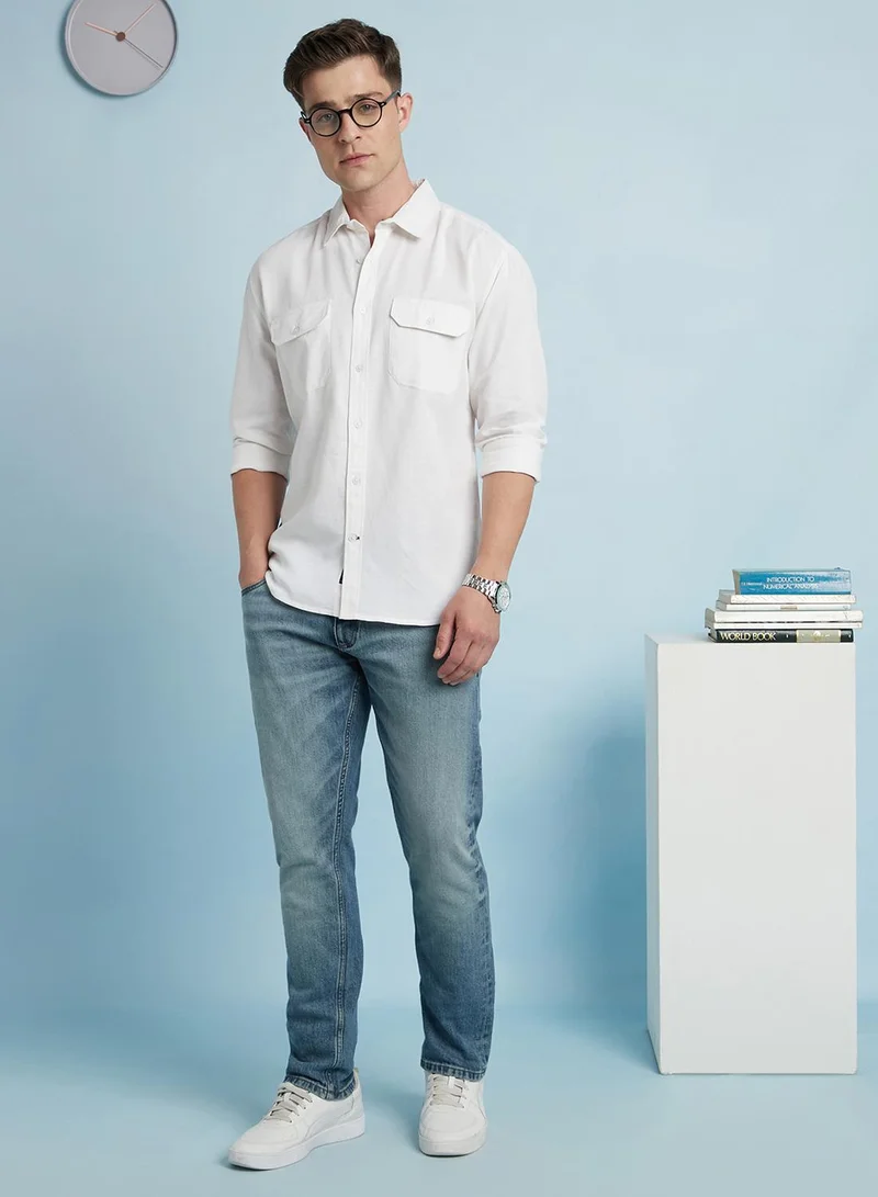 Dennis Lingo Men's Ecru Cotton Blend Solid Regular Fit Shirt