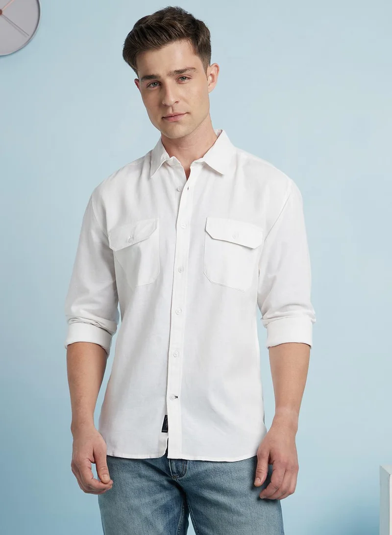 Dennis Lingo Men's Ecru Cotton Blend Solid Regular Fit Shirt