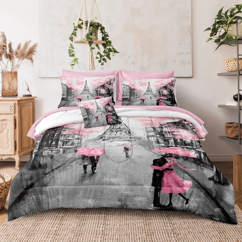 Merryword Pink Paris Comforter Set Queen Size 8 Pieces Bed in a Bag Sweet Couple Lovers Pink Flowers Design Bedding with 1 Comforter 4 Pillowcases 1 Flat Sheet 1 Fitted Sheet 1 Cushion Cover