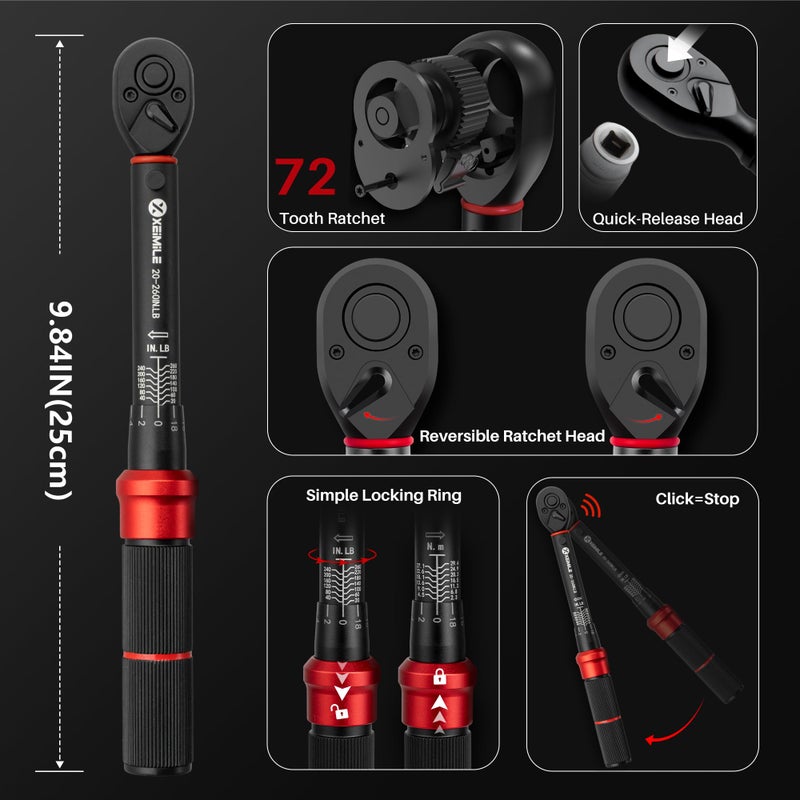 XEIMILE 51Pcs Bike Torque Wrench Set,1/4" Drive 20-260 In.Lb/2.3-29.4Nm,Inch Pound Click Torque Wrench,72T Dual Direction 3% Precision Adjustable Small Torque for Bicycle,Motorcycle,Car,Lug Nut - Image 4
