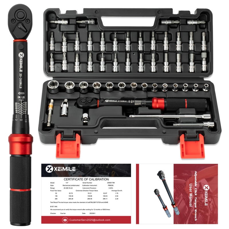 XEIMILE 51Pcs Bike Torque Wrench Set,1/4" Drive 20-260 In.Lb/2.3-29.4Nm,Inch Pound Click Torque Wrench,72T Dual Direction 3% Precision Adjustable Small Torque for Bicycle,Motorcycle,Car,Lug Nut - Image 1