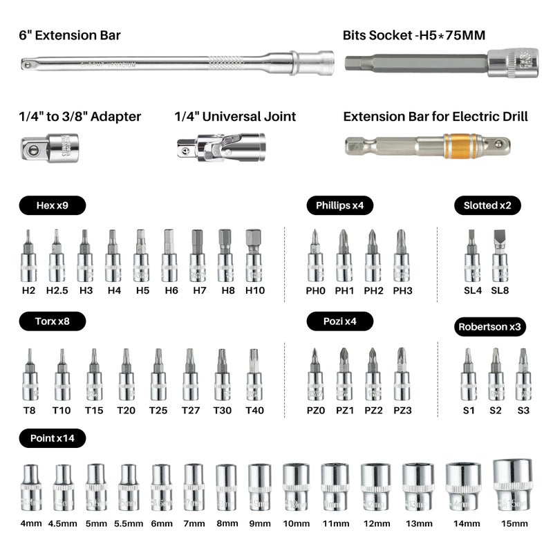 XEIMILE 51Pcs Bike Torque Wrench Set,1/4" Drive 20-260 In.Lb/2.3-29.4Nm,Inch Pound Click Torque Wrench,72T Dual Direction 3% Precision Adjustable Small Torque for Bicycle,Motorcycle,Car,Lug Nut - Image 2