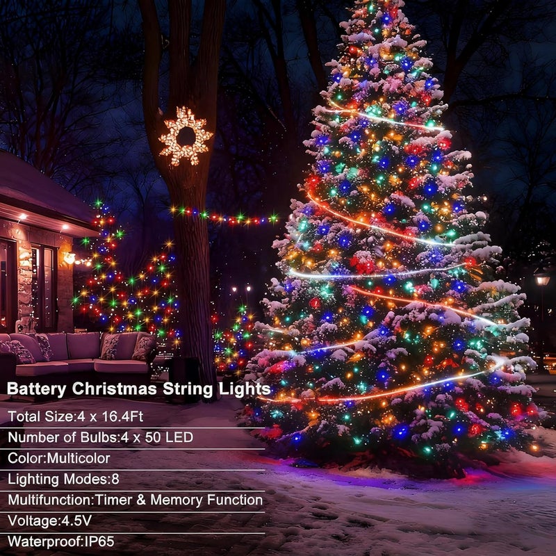 DealBeta 4 Pack Christmas String Lights Battery Operated, Each 50 LED16.5Ft Dark Green String Lights Auto Timer 8 Modes Indoor Outdoor Xmas Wreath Tree Decor (Multicolor) - Image 4