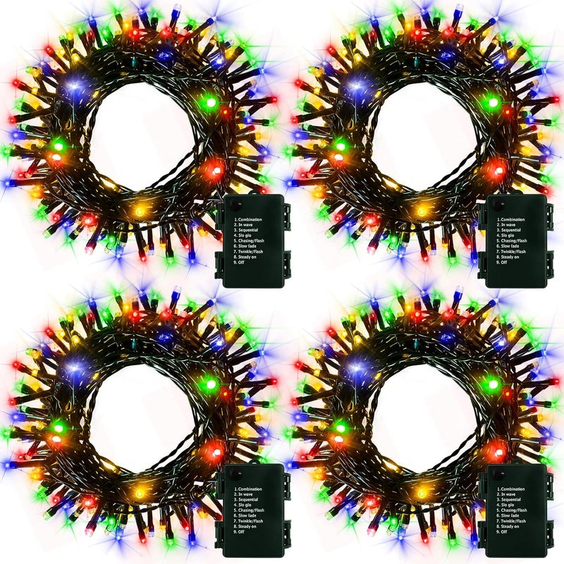 DealBeta 4 Pack Christmas String Lights Battery Operated, Each 50 LED16.5Ft Dark Green String Lights Auto Timer 8 Modes Indoor Outdoor Xmas Wreath Tree Decor (Multicolor) - Image 1