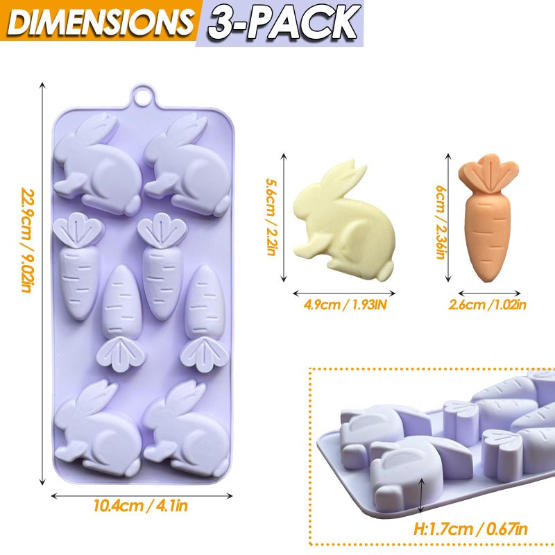 ZINDIACINE 3-Pack Easter Bunny Silicone Mold, 3D Easter Bunny Chocolate Molds Carrot Candy Ice Mold Food Grade Non-Stick Silicone Molds for Candy, Jelly, Fondant, Resin, Candle Making - Image 3